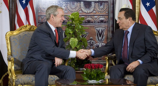 President George W. Bush shakes hands with Egyptian President Hosni Mubarak at their meeting Saturday, May 17, 2008, in Sharm el Sheikh, Egypt. White House photo by Joyce N. Boghosian