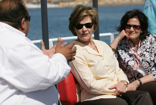 Mrs. Laura Bush and Mrs. Anita McBride, Assistant to the President and Chief of Staff to the First Lady, listen to Mr. Amir Ali, Hurghada Environmental Protection and Conservation Association, as they head out for a coral reefs and ocean conservation tour Saturday, May 17, 2008, in Sharm El Sheikh, Egypt. White House photo by Shealah Craighead
