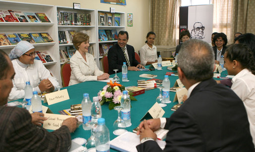 Mrs. Laura Bush participates in a roundtable with students Sunday, May 18, 2008, at the Fayrouz Experimental School for Languages in Sharm El Sheikh, Egypt. The roundtable highlighted the Big Read Egypt/U.S. initiative which proves citizens with the opportunity to read and discuss a single book within their communities featuring innovative reading programs and compelling resources for discussing outstanding literature. White House photo by Shealah Craighead