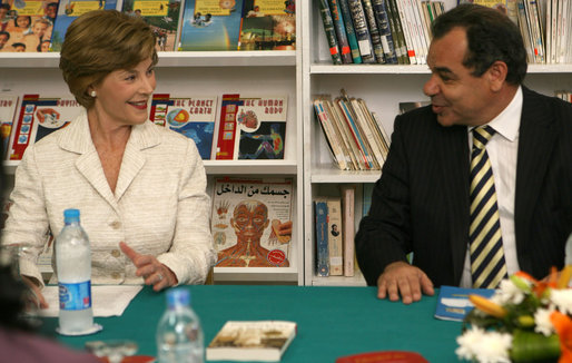 Mrs. Laura Bush smiles as she participates in a Big Read Egypt/U.S. roundtable discussion Sunday, May 18, 2008, with students at the Fayrouz Experimental School for Languages at Sharm El Sheikh. Mrs. Bush told the participants that the Big Read partnership will use literature to enhance understanding of each other’s societies and will also awaken the joy of reading in both Egyptians and Americans, particularly young people. Sitting with her is Dr. Yousry Saber Hussein El-Gamal, Minister of Education. White House photo by Shealah Craighead