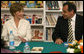 Mrs. Laura Bush smiles as she participates in a Big Read Egypt/U.S. roundtable discussion Sunday, May 18, 2008, with students at the Fayrouz Experimental School for Languages at Sharm El Sheikh. Mrs. Bush told the participants that the Big Read partnership will use literature to enhance understanding of each other’s societies and will also awaken the joy of reading in both Egyptians and Americans, particularly young people. Sitting with her is Dr. Yousry Saber Hussein El-Gamal, Minister of Education. White House photo by Shealah Craighead