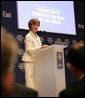 Mrs. Laura Bush speaks at the Egyptian Education Initiative meeting Sunday, May 18, 2008, at the World Economic Forum – International Congress Centre in Sharm El Sheikh, Egypt. Mrs. Bush told her audience, "Advances in technology and global communication are opening new markets and expanding opportunities for people around the world. The Egyptian Education Initiative recognizes that improved education is the key to taking advantage of these opportunities." White House photo by Shealah Craighead