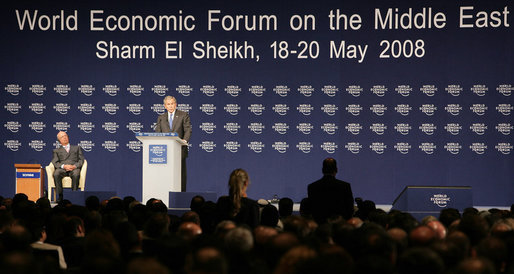 President George W. Bush speaks before the World Economic Forum on the Middle East Sunday, May 18, 2008, in Sharm El Sheikh, Egypt. The speech marked the final stop on the President’s Mideast agenda that included visits to Israel and Saudi Arabia. On stage with the President is Klaus Schwab, Founder and Executive Chairman of the World Economic Forum. White House photo by Chris Greenberg