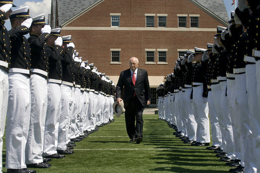Vice President Dick Cheney walks through an honor cordon of U.S. Coast Guard cadets, Wednesday, May 21, 2008, upon his arrival to the U.S. Coast Guard Academy commencement ceremony in New London, Conn. White House photo by David Bohrer