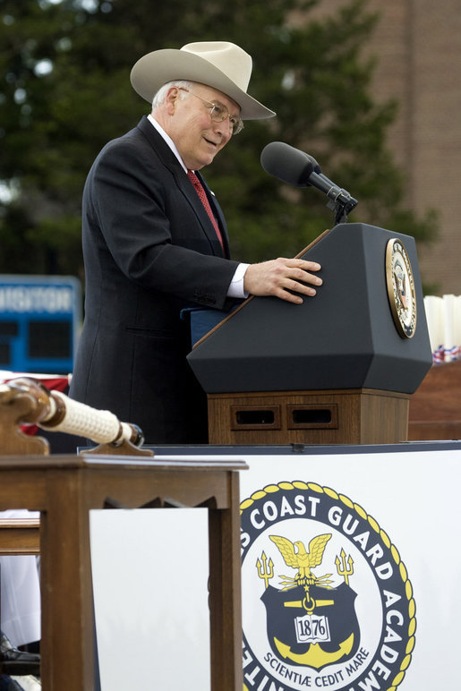 Vice President Dick Cheney addresses graduates of the U.S. Coast Guard Academy, Wednesday, May 21, 2008, during commencement ceremonies in New London, Conn. "Today you're the same men and women you were four years ago -- only better," said the Vice President. "With you in the officer corps, it'll be the same Coast Guard -- only better. So this day of your commissioning is more than a memorable day in your own life -- it's a great day for the Coast Guard, and for the United States of America." White House photo by David Bohrer