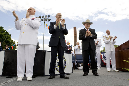 Vice President Dick Cheney is joined by Admiral Thad Allen, Commandant of the U.S. Coast Guard, left, and Secretary Michael Chertoff of Homeland Security, center, in applauding the graduates of the U.S. Coast Guard Academy, Wednesday, May 21, 2008, during commencement exercises in New London, Conn. White House photo by David Bohrer