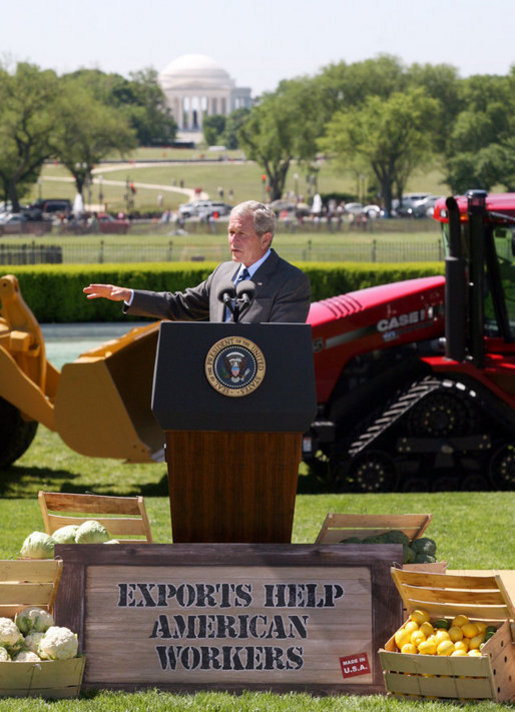 President George W. Bush delivers remarks in recognition of World Trade Week Friday, May 23, 2008, on the South Lawn of the White House. President Bush is seen with an array of products manufactured or grown in the United States. White House photo by Joyce N. Boghosian