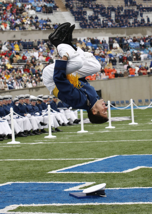 A United States Air Force Academy graduate flips after receiving his diploma during commencement exercises Wednesday, May 28, 2008, in Colorado Springs. White House photo by Eric Draper