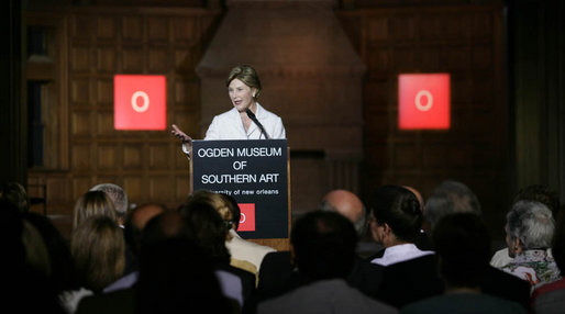  Mrs. Laura Bush speaks during the 2008 IMLS Grant Awardees during her visit to the Ogden Museum for Southern Art Friday, May 30, 2008, in New Orleans. The Institute of Museum and Library Services (IMLS) Grant provided financial assistance to seven museums on the Gulf Coast, the Southeastern Library Network, and other preservation causes in the region. White House photo by Shealah Craighead