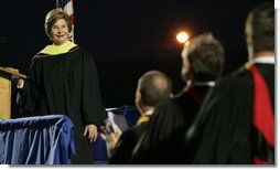 Mrs. Laura Bush smiles during applause after delivering the commencement speech for the Class of 2008 Thursday, May 29, 2008, at Enterprise High School in Enterprise, Alabama.  White House photo by Shealah Craighead