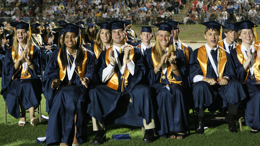 Members of the Class of 2008 listen to Mrs. Laura Bush as she delivers the commencement speech Thursday, May 29, 2008, at Enterprise High School in Enterprise, Alabama. White House photo by Shealah Craighead