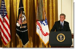President George W. Bush delivers remarks during the presentation of the Congressional Medal of Honor posthumously to Private First Class Ross A. McGinnis, U.S. Army Monday, June 2, 2008, in the East Room of the White House. President Bush presented the Congressional Medal of Honor posthumously to his parents, Tom and Romayne McGinnis, of Knox, Pennsylvania. White House photo by Joyce N. Boghosian