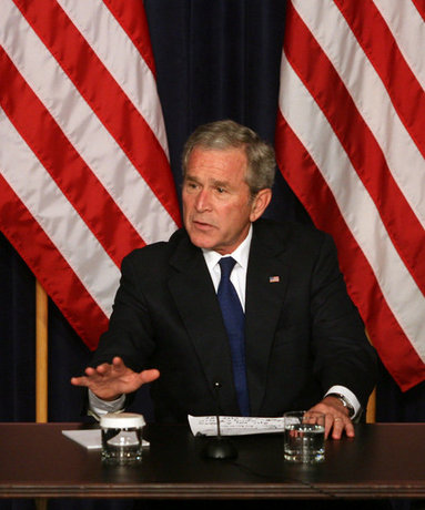 President George W. Bush delivers remarks during a drop-by meeting on the economy and tax cuts Monday, June 2, 2008, in the Dwight D. Eisenhower Executive Office Building in Washington, D.C. President Bush said during his remarks, "The best way to deal with economic uncertainty is to let people have more of their own money, because we believe that the economy benefits when there's more money in circulation, in the hands of the people who actually earned it." White House photo by Joyce N. Boghosian