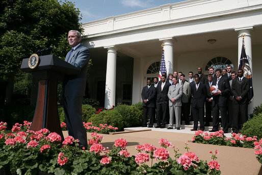 President George W. Bush delivers remarks during a visit to the White House Tuesday, June 3, 2008, by the University of Kansas Jayhawks, winners of the 2008 NCAA Men's Basketball Championship. White House photo by David Bohrer