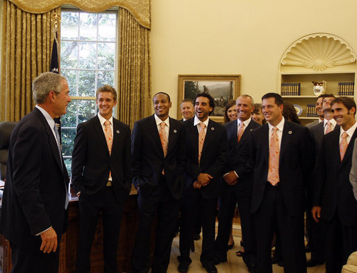 President George W. Bush gives the 2007 Major League Soccer Cup Champions, the Houston Dynamo, a tour of the Oval Office Thursday, June 5, 2008, during their visit to the White House. White House photo by Joyce N. Boghosian