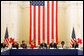 President George W. Bush delivers remarks during a drop-by meeting on the People's Republic of China Earthquake Relief Efforts Friday, June 6, 2008, at the American Red Cross National Headquarters. President Bush met with non-governmental organizations, faith-based groups, and business associations that have been involved in relief work in China in the wake of the recent earthquake. White House photo by Joyce N. Boghosian
