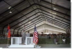 Mrs. Laura Bush delivers remarks to US troops during her visit to Bagram Air Force Base Sunday, June 8, 2008, in Bagram, Afghanistan. White House photo by Shealah Craighead