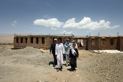 Mrs. Laura Bush is joined by Governor of Bamiran Province, Habiba Sarabi, right, and students, during a tour of the future site of the Ayenda Learning Center Sunday, June 8, 2008, in Bamiyan, Afghanistan.The tour was led by Ihsan Ullah Bayat, far left. Once completed, the Ayenda Learning Center will provide a safe and nurturing environment for 128 of Bamiyan most disadvantaged children to live. At the same time, it will provide educational opportunities for as many as 210 children in the region. White House photo by Shealah Craighead
