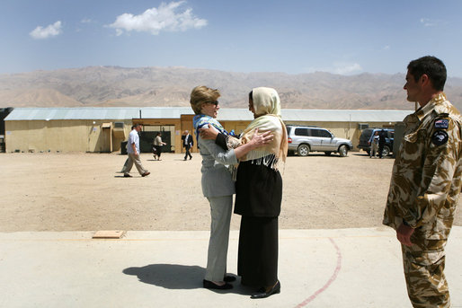 Mrs. Laura Bush is greeted by Governor Habiba Sarabi after arriving in Bamiyan province Sunday, June 8, 2008. Appointed in 2005, the former Minister of Women’s Affairs is the only female governor in Afghanistan. White House photo by Shealah Craighead