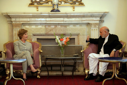 Mrs. Laura Bush meets with President Hamid Karzai of Afghanistan, Sunday, June 8, 2008, at Gul Khana Palace in Kabul. White House photo by Shealah Craighead