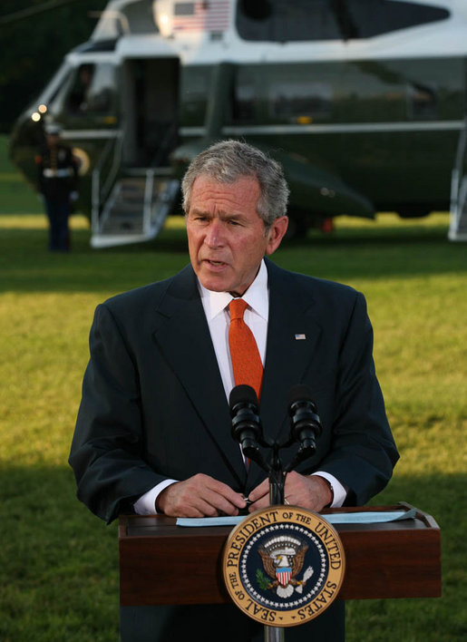 President George W. Bush speaks to the media before departing the South Lawn of the White House for Andrews Air Force Base en route to Europe for a weeklong visit during which he will address a variety of issues with counterparts in Slovenia, Germany, Italy, Vatican City, France and the United Kingdom. Said the President, "The U.S. economy has continued to grow in the face of unprecedented challenges. We got to keep our economies flexible; both the U.S. economy and European economies need to be flexible in order to deal with today's challenges. I'm looking forward to my trip." White House photo by Joyce N. Boghosian
