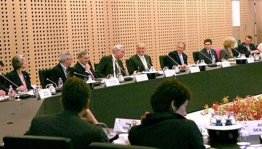 President George W. Bush, center, participates in a meeting with European Union Leaders Tuesday, June 10, 2008, at the Brdo Congress Centre in Kranj, Slovenia. President Bush is joined by US Special envoy for European Affairs, C. Boyden Gray, to the President's right, and United States Ambassador to Slovenia, Yousif B. Ghafari, second to the President's right. White House photo by Chris Greenberg