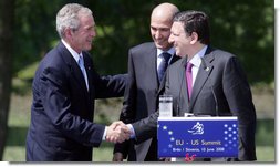 President George W Bush shakes hands with Janez Jansa, Prime Minister of Slovenia, and Jose Manuel Barroso, President of the European Commission, following the United States - European Union Meeting Tuesday, June 10, 2008, at Brdo Castle in Kranj, Slovenia. White House photo by Chris Greenberg