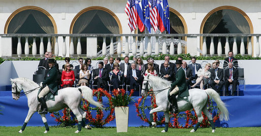 President George W. Bush and Mrs. Laura Bush attend the Lipizzaner Horse Exhibition Tuesday, June 10, 2008, at Brdo Castle in Kranj, Slovenia. White House photo by Shealah Craighead