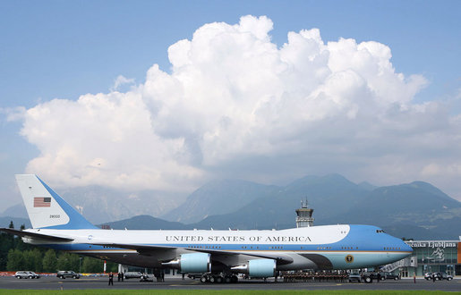 With President George W. Bush and Mrs. Laura Bush aboard, Air Force One prepares for departure from Ljubljana International Airport, Ljubljana, Slovenia, en route to Berlin, Germany on Tuesday, June 10, 2008. White House photo by Shealah Craighead