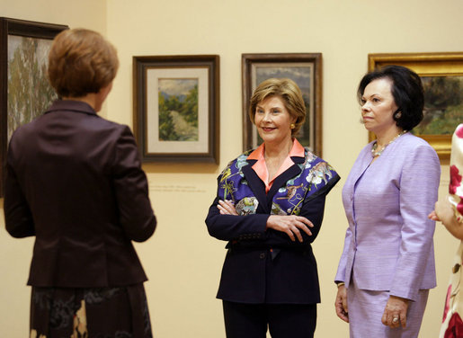 Mrs. Laura Bush and Slovenia's First Lady Barbara Miklic Turk listen as Dr. Barbara Jaki, right, conducts a tour of the impressionists exhibit at the National Gallery of Slovenia Tuesday, June 10, 2008 in Ljubljana, Slovenia. White House photo by Shealah Craighead