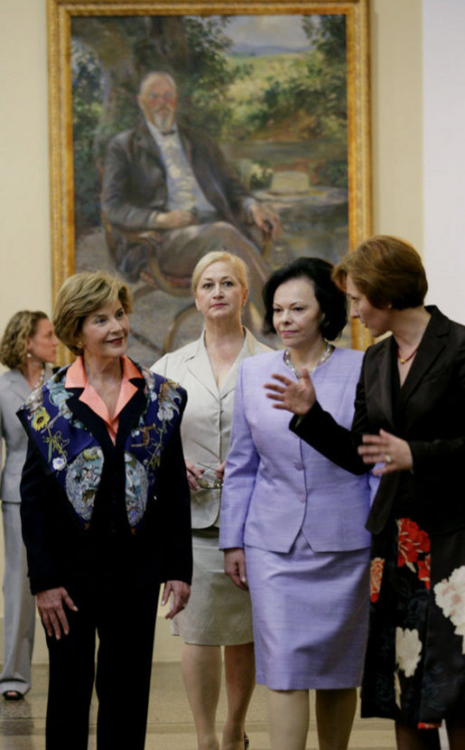 Mrs. Laura Bush and Slovenia's First Lady Barbara Miklic Turk listen as Dr. Barbara Jaki, right, conducts a tour of the National Gallery of Slovenia Tuesday, June 10, 2008 in Ljubljana, Slovenia. White House photo by Shealah Craighead
