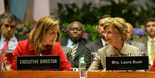 Mrs. Laura Bush sits with United Nations’ World Food Program Executive Director Josette Sheeran during the plenary session at the WFP conference in Rome on June 12, 2008. President Bush is also in Italy for three days. White House photo by Shealah Craighead