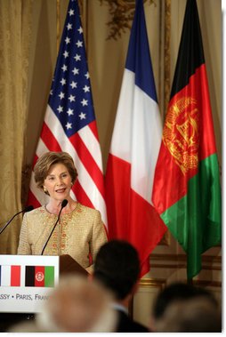 Mrs. Laura Bush delivers remarks during reception with United States - Afghan Donor's Conference Wednesday, June 11, 2008, at the Ambassadors Residence in Paris.  White House photo by Shealah Craighead