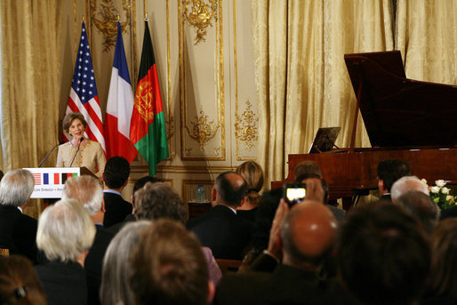 Mrs. Laura Bush delivers remarks during reception with United States - Afghan Donor's Conference Wednesday, June 11, 2008, at the Ambassador's Residence in Paris. White House photo by Shealah Craighead