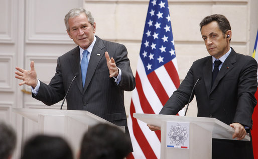 President George W. Bush and President Nicolas Sarkozy of France, participate in a joint press availability Saturday, June 14, 2008, at the Elysée Palace in Paris. In speaking of the country, President Bush told his counterpart, "You are not only our first friend, you've been a consistent friend, and the meetings here have reconfirmed and strengthened our friendship between our countries and our personal friendship." White House photo by Eric Draper