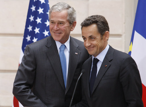 President George W. Bush and President Nicolas Sarkozy of France, shake hands following their joint press availability Saturday, June 14, 2008, in Paris. White House photo by Eric Draper