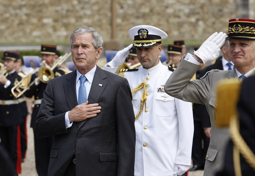 President George W. Bush pays his respects at the Mont Valerien memorial Saturday, June 14, 2008 in Suresnes, France, honoring members of the French Resistance executed by German soldiers during World War II. White House photo by Eric Draper