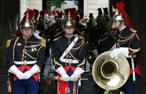 Band members await the arrival of President George W. Bush Saturday, June 14, 2008, as they stand near the courtyard of the Elysée Palace in Paris. White House photo by Chris Greenberg