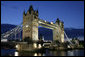 The Tower Bridge lights up the darkening skyline of London Sunday, June 15 2008. The arrival of President George W. Bush and Mrs. Laura Bush Sunday afternoon marked their second to last stop in Europe. Monday, they are scheduled to visit Belfast before returning home. White House photo by Chris Greenberg