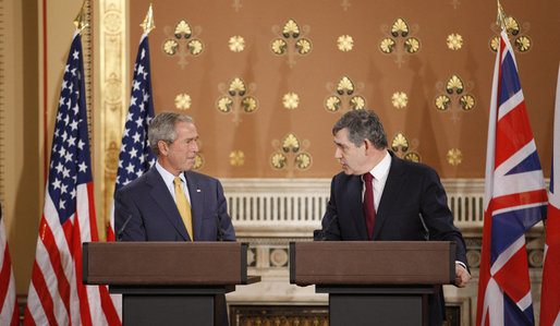 President George W. Bush and British Prime Minister Gordon Brown attend a joint news conference Monday, June 16, 2008 in London. White House photo by Eric Draper