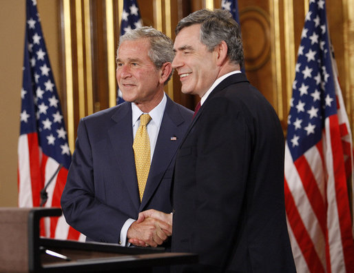 President George W. Bush and British Prime Minister Gordon Brown shake hands at their joint news conference Monday, June 16, 2008 in London. White House photo by Eric Draper