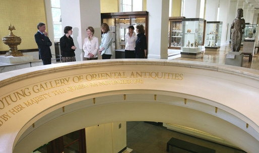 Mrs. Laura Bush tours the British Museum gallery of oriental antiquities in London, Monday, June 16, 2008 where she was shown the Afghani and Burmese Collections. White House photo by Shealah Craighead