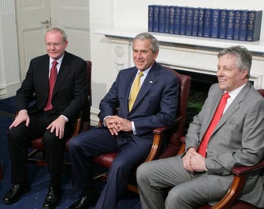 President George W. Bush joins Northern Ireland First Minister Peter Robinson, right, and Deputy First Minister Martin McGuinness, left, during their meeting Monday, June 16. 2008, at Stormont Castle in Belfast, Northern Ireland. White House photo by Chris Greenberg