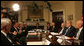 President George W. Bush gives members of the media an overview of the Midwest flood relief plan Tuesday morning, June 17, 2008 in the Roosevelt Room of the White House. President Bush, briefed by domestic policy advisors on the status of the response, said "we're in constant contact with people on the ground to help make sure that we save lives." White House photo by Joyce N. Boghosian