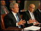 President George W. Bush talks to reporters about the government's response to the Midwest floods Tuesday morning, June 17, 2008. in the Roosevelt Room of the White House. Homeland Security Secretary Michael Chertoff, right, was one of the key leaders briefing the President. President Bush said he will travel to Iowa on Thursday to view the damage himself. White House photo by Joyce N. Boghosian