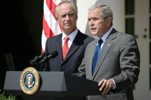 As U.S. Interior Secretary Dirk Kempthorne looks on, President George W. Bush delivers a statement on energy Wednesday, June 18, 2008, in the Rose Garden of the White House. Calling on Congress to expand domestic oil production, the President said, "For many Americans, there is no more pressing concern than the price of gasoline. Truckers and farmers and small business owners have been hit especially hard. Every American who drives to work, purchases food, or ships a product has felt the effect. And families across our country are looking to Washington for a response." White House photo by Luke Sharrett