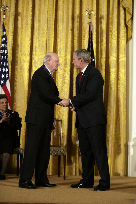 President George W. Bush shakes hands with Laurence Silberman after presenting him with the Presidential Medal of Freedom Thursday, June 19, 2008, during the Presidential Medal of Freedom ceremony in the East Room at the White House. White House photo by David Bohrer