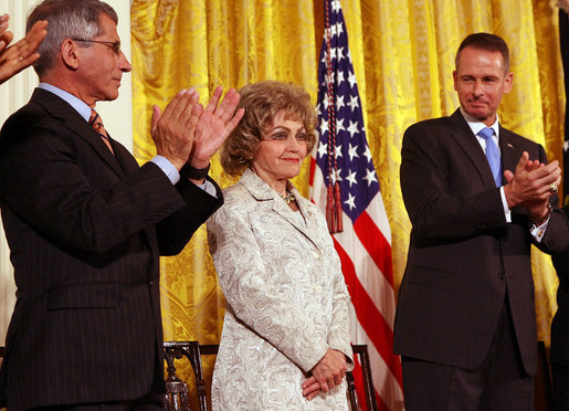 Mrs. Annette Lantos, wife of the late Mr. Tom Lantos, receives applause in honor her husband who was awarded the Presidential Medal of Freedom Thursday, June 19, 2008, in the East Room of the White House. White House photo by Shealah Craighead