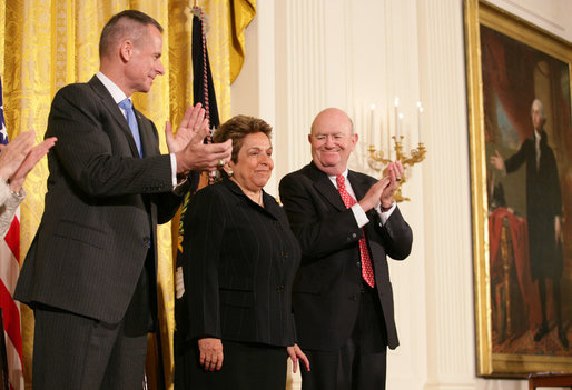 Donna Shalala is applauded by fellow recipients of the Presidential Medal of Freedom Thursday, June 19, 2008, as she is honored by President George W. Bush at ceremonies in the East Wing of the White House. White House photo by Shealah Craighead