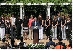 President George W. Bush delivers remarks to congratulate the 2007 WNBA Champions, the Phoenix Mercury, Monday, June 23, 2008, in the East Garden at the White House. White House photo by Chris Greenberg